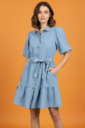 Vestido Corto de Mezclilla Clara Manga Corta con Cinturón – Denim Ligero |Ropa para Mujer en  Panamá