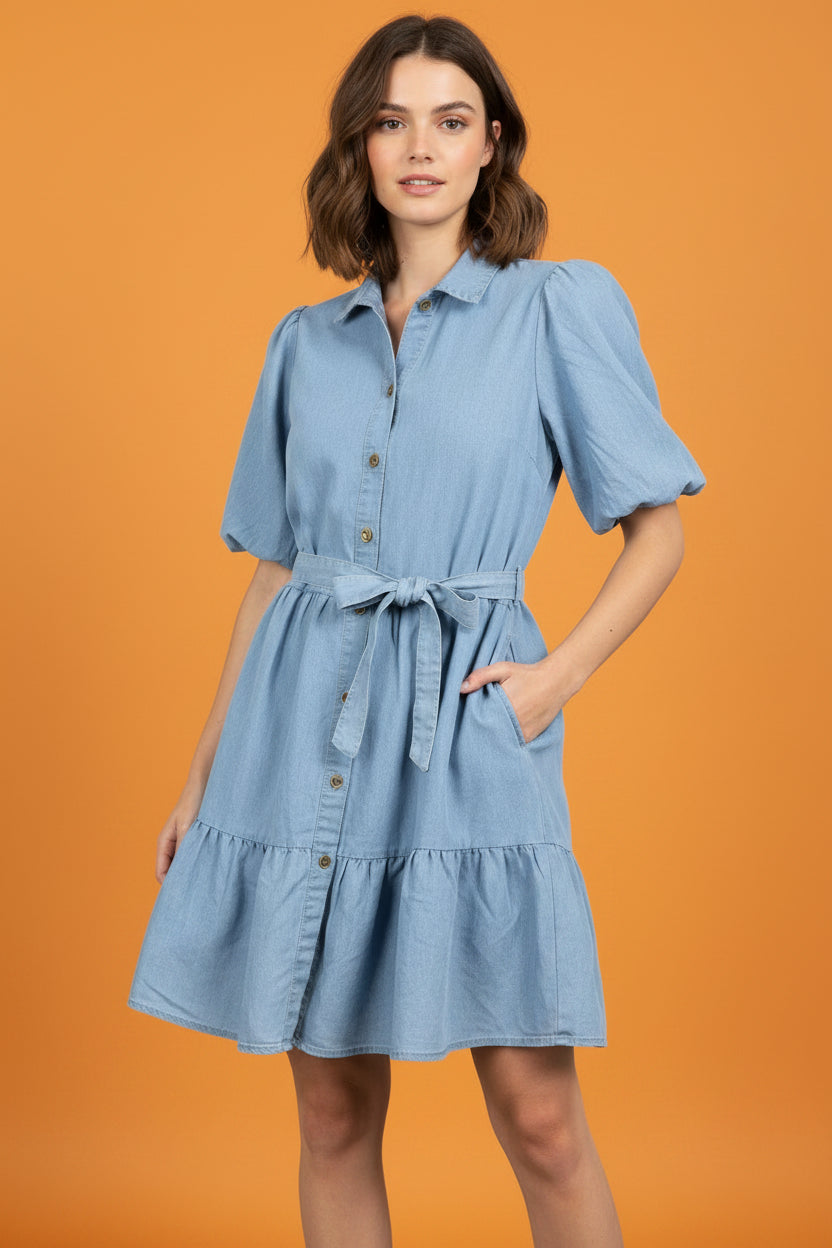 Vestido Corto de Mezclilla Clara Manga Corta con Cinturón – Denim Ligero |Ropa para Mujer en  Panamá