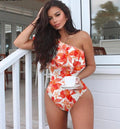 TRAJE DE BANOUNA PIEZA FONDO BLANCO CON FLORES NARANJA UNA MANGA
