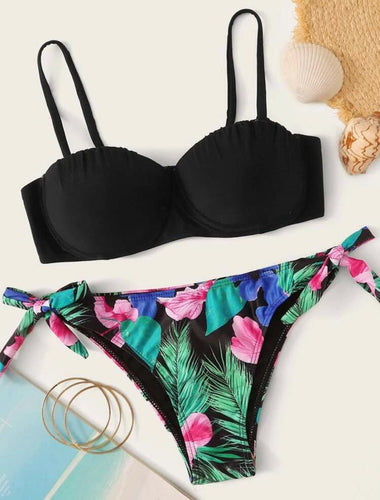 VESTIDO DE BANO TOP NEGRO BOTTOM TROPICAL